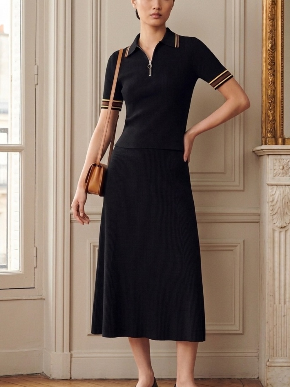 Sandro 2-Piece Black Knit Zip Polo Top & Ribbed MIDI Skirt Set